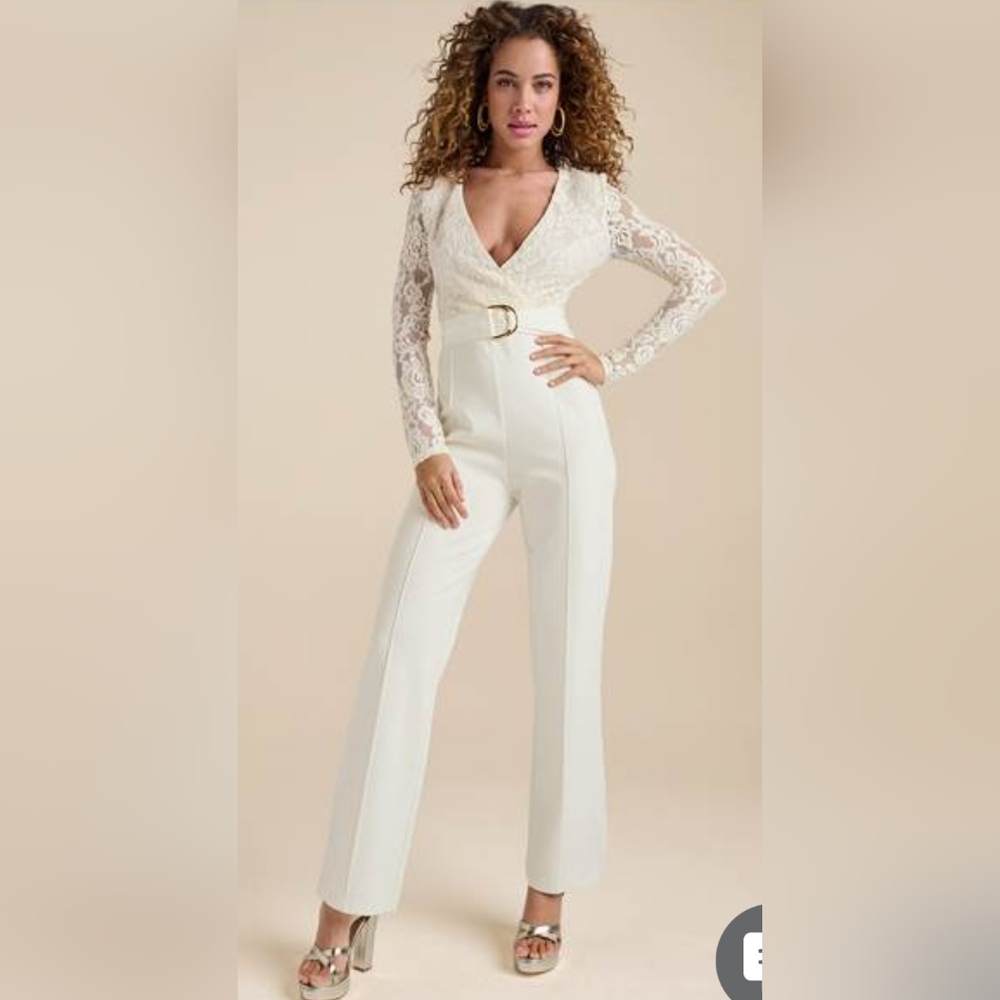 Lace V-Neck Belted Jumpsuit Venus color ivory size small
